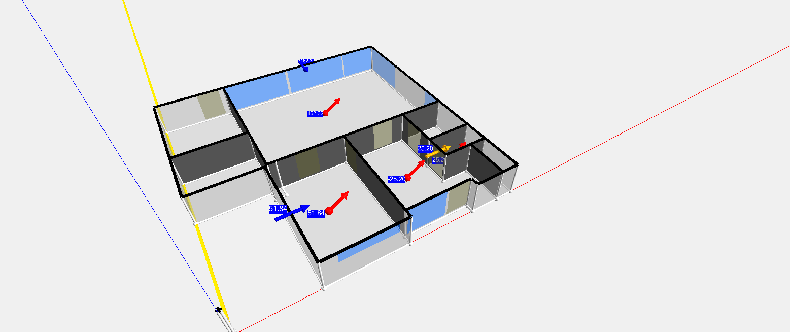 3D-weergave ventilatiestromen begane grond woning voor warmteverliesberekening