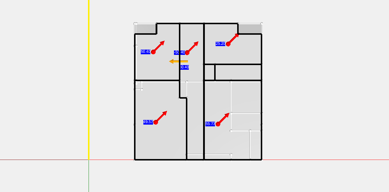 Plattegrond ventilatiestromen eerste verdieping woning voor warmteverliesberekening