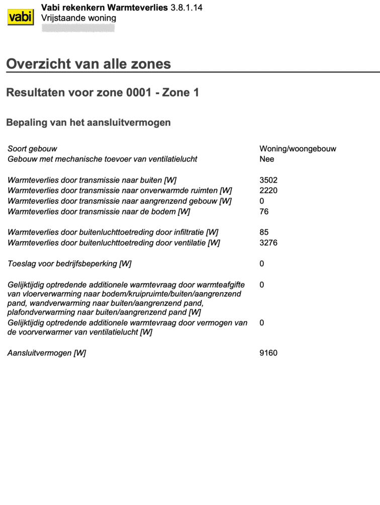 Voorbeeld 1 van de rapportage uit een warmteverliesberekening met daarin het benodigde vermogen