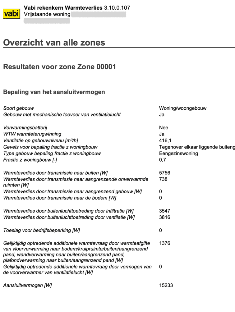 Voorbeeld 2 van de rapportage uit een warmteverliesberekening met daarin het benodigde vermogen