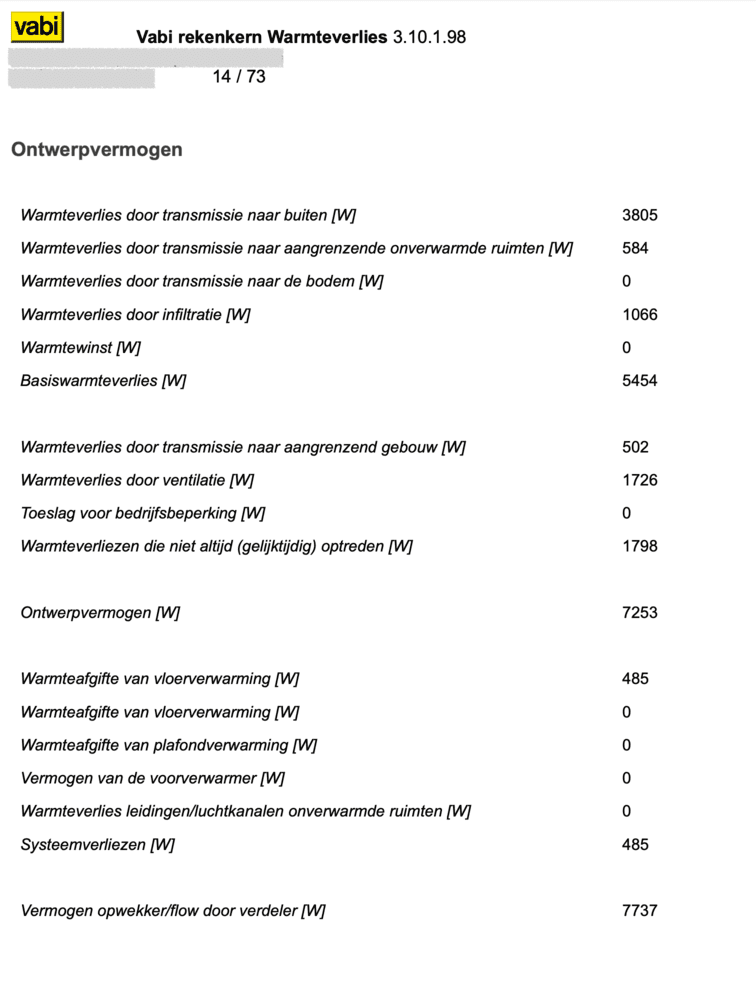 Voorbeeld van de rapportage uit een warmteverliesberekening met daarin het benodigde vermogen voor een 2 onder 1 kap woning