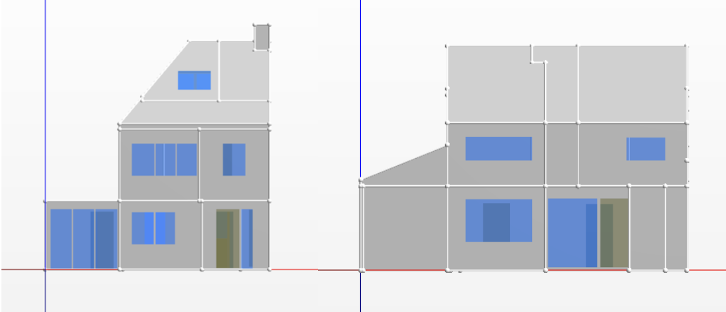 Vooraanzichten van de woningen getekend in Vabi Elements Warmteverlies 